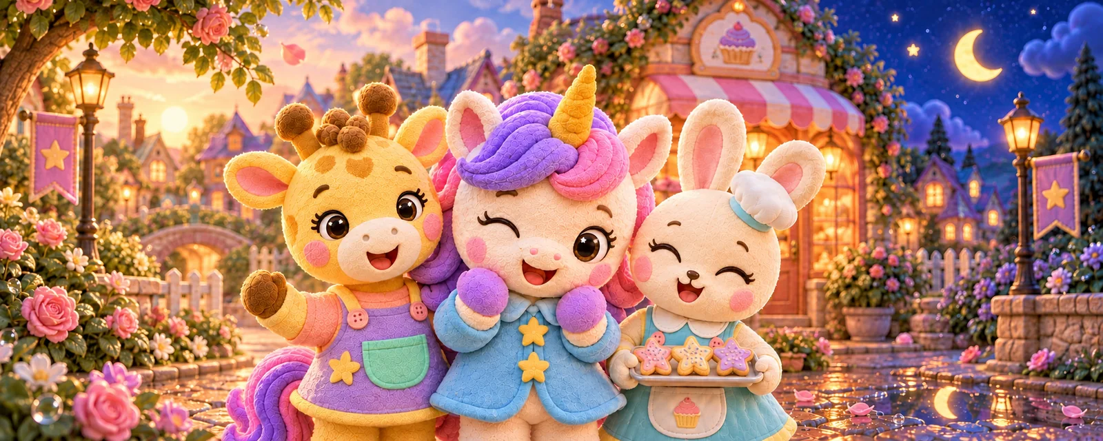 Gigi Giraffe, Starlight Unicorn, and Baker Bunny together in Tiny Helper Town